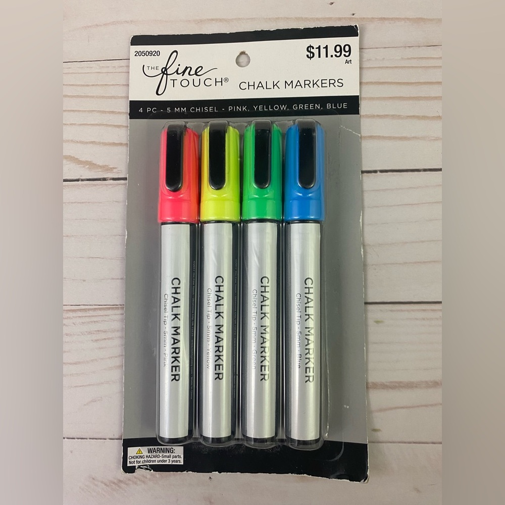 Chalk Markers 5MM Chisel Tip 4 pc Pink Yellow Green Blue The Fine Touch
